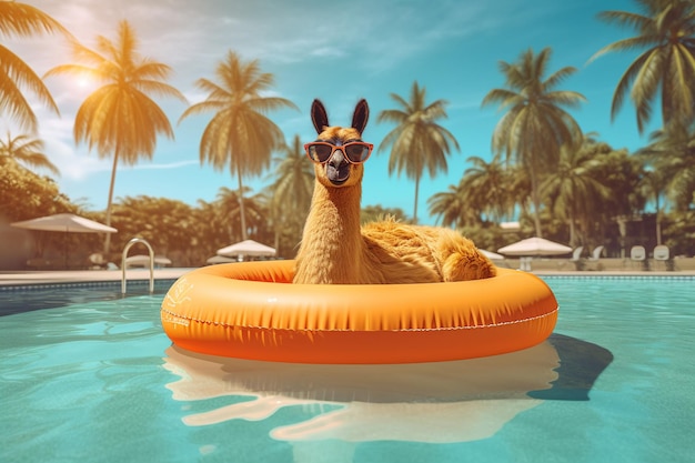 Lama usando óculos de sol em um flutuador nadando na piscina