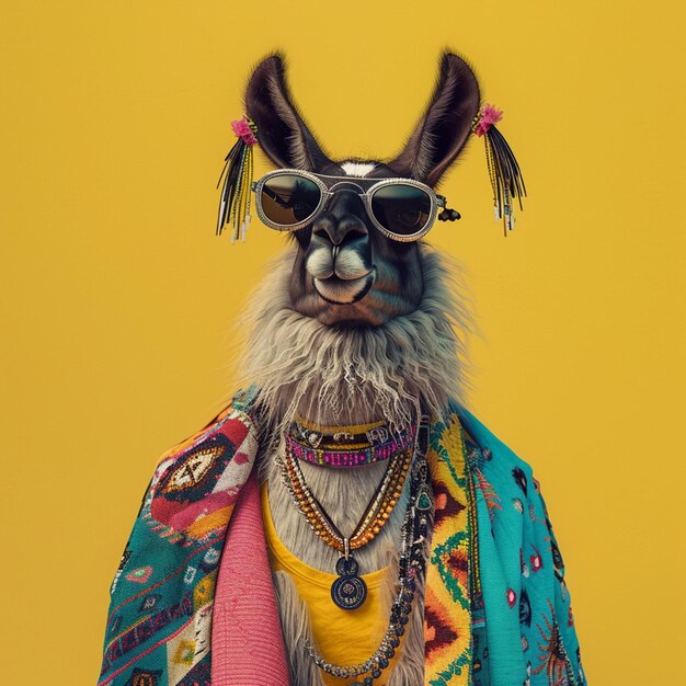 Foto lama vestido com roupas hippie em fundo amarelo