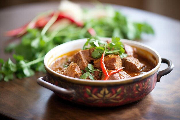 Lamb rogan josh serviert in Kupferschüssel Nahaufnahme