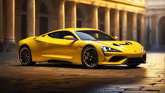 Foto un lamborghini amarillo está estacionado frente a una montaña