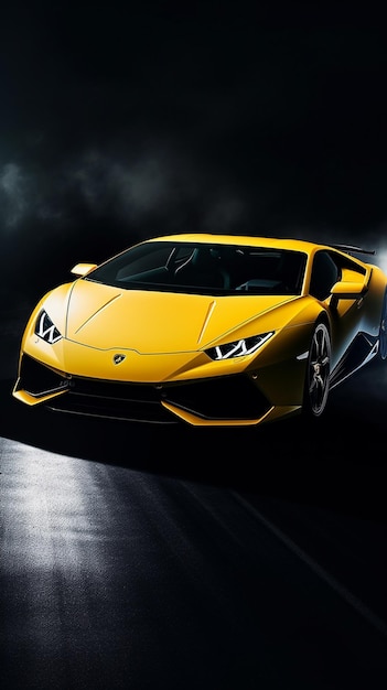 Un lamborghini amarillo que está sobre un fondo negro