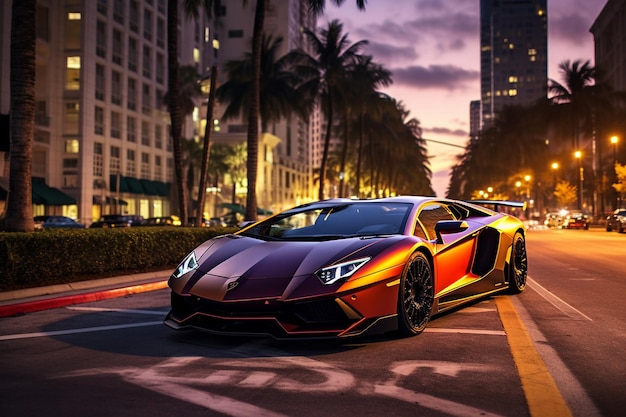 Lamborghini Aventador auf dem Miami Boulevard bei Sonnenuntergang