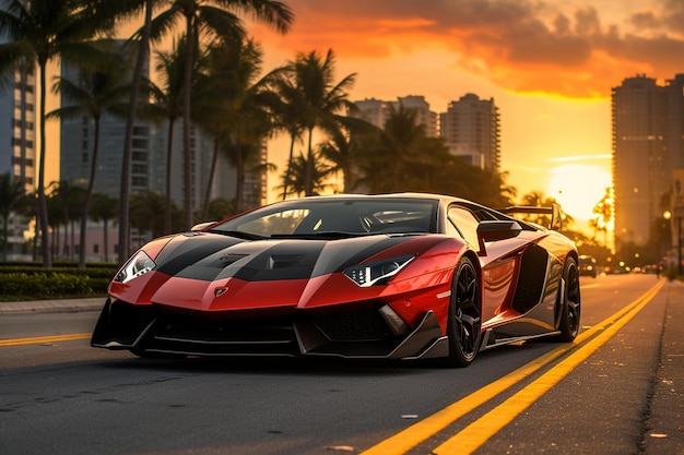 Lamborghini Aventador auf dem Miami Boulevard bei Sonnenuntergang