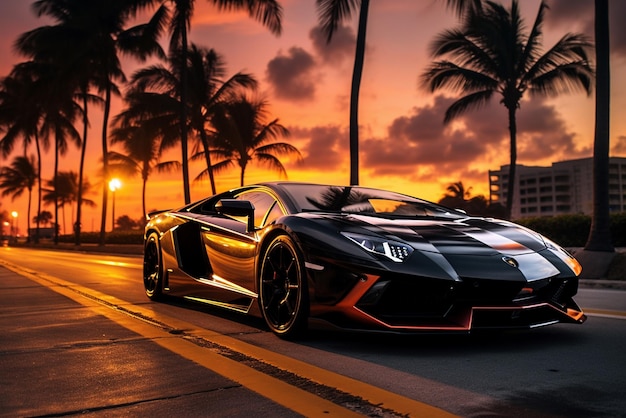 Foto lamborghini aventador en el bulevar de miami al atardecer