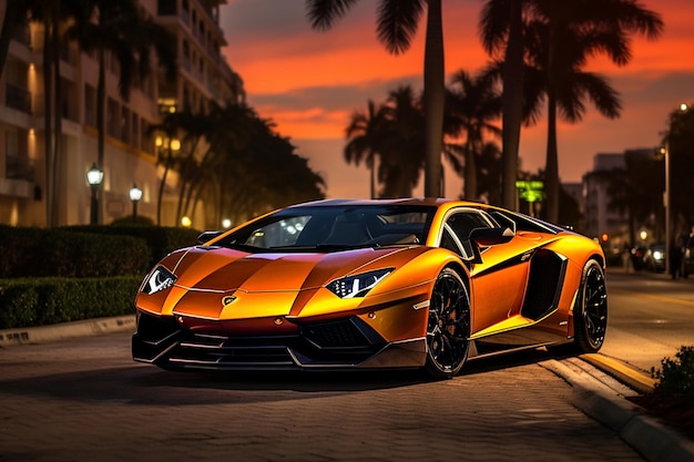 Lamborghini Aventador en el bulevar de Miami al atardecer