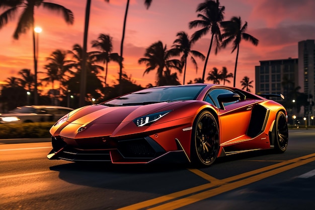 Lamborghini Aventador en el bulevar de Miami al atardecer