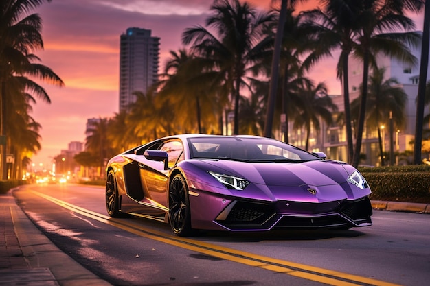 Lamborghini Aventador en el bulevar de Miami al atardecer