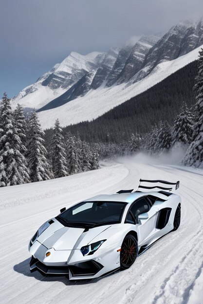 Un Lamborghini Aventador se desvía en una carretera nevada en regiones montañosas