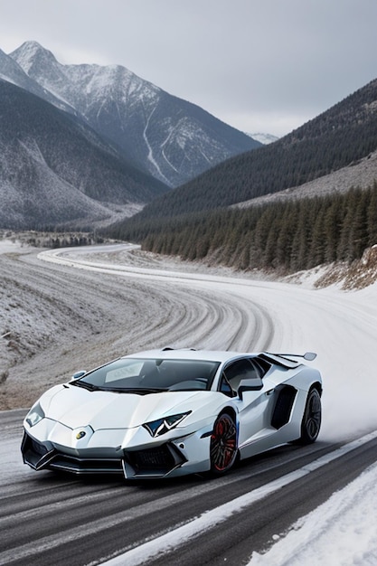 Un Lamborghini Aventador se desvía en una carretera nevada en regiones montañosas
