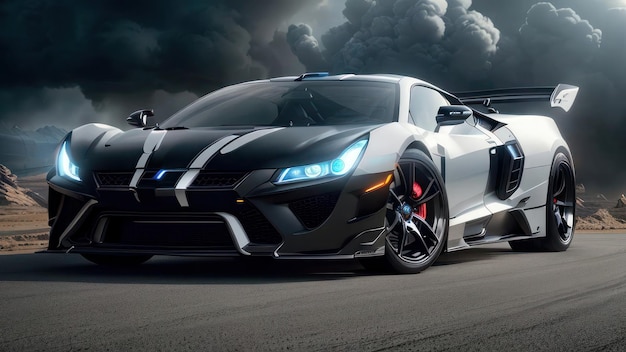 Un lamborghini blanco y negro con un coche de carreras en la carretera.