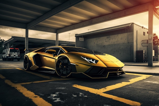 Un lamborghini dorado está estacionado en un estacionamiento.