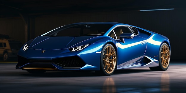 Un lamborghini huracan azul está estacionado en una calle oscura.