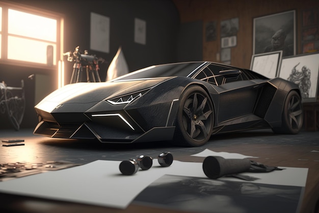 Un lamborghini negro está sobre una mesa en una habitación oscura.