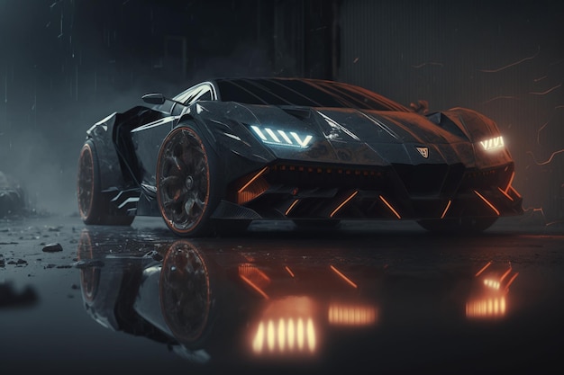 Un lamborghini negro con fondo negro y luces.