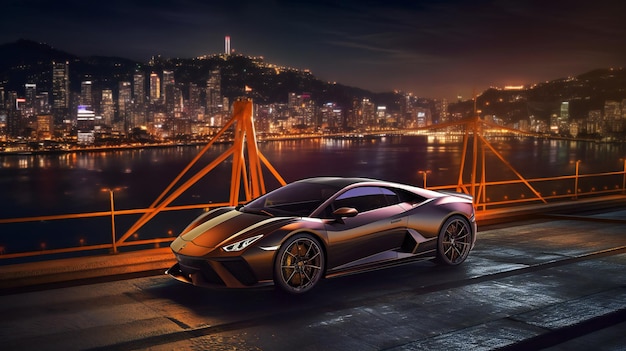 Un lamborghini negro sobre un puente con una ciudad al fondo.