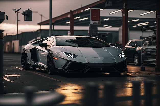 Un lamborghini plateado está estacionado en un estacionamiento con un cartel que dice lamborghini.