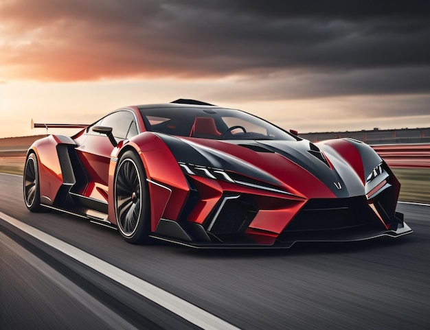 Un lamborghini rojo está en la carretera frente a una puesta de sol.