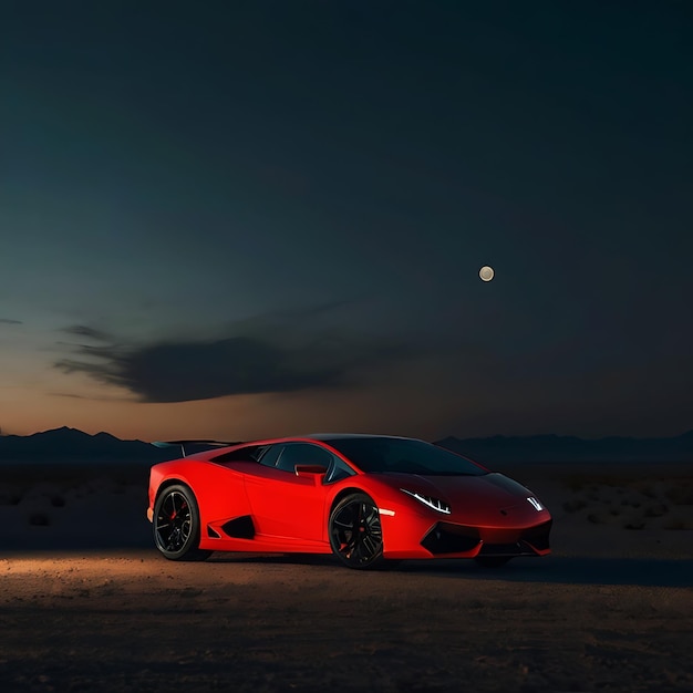 Lamborghini rojo y negro en una vista oscura del desierto generada por la IA