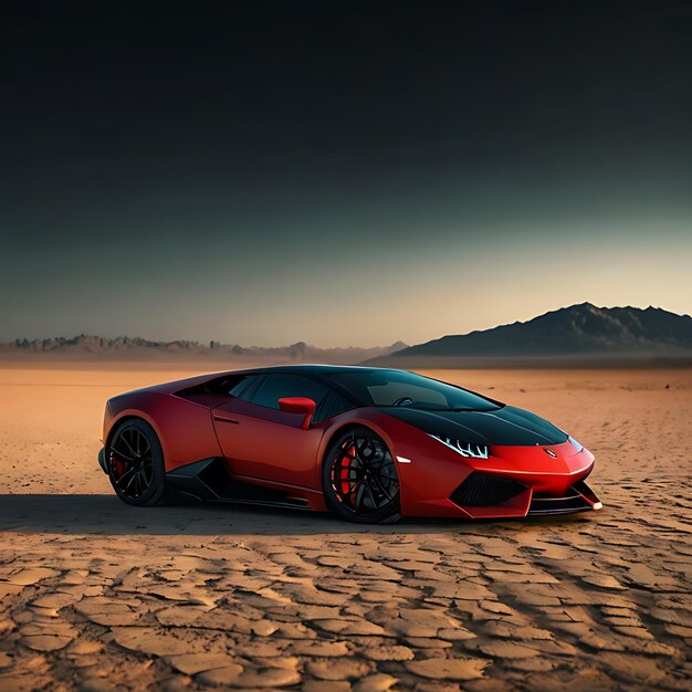 Lamborghini rojo y negro en una vista oscura del desierto generada por la IA