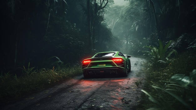 Un lamborghini verde conduce por un camino en la jungla.