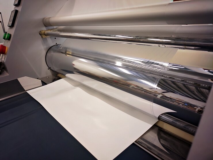 Laminadora industrial, laminación de productos de papel. La fabricación de envases. Equipo obsoleto. Empresa. Lugar para el texto.