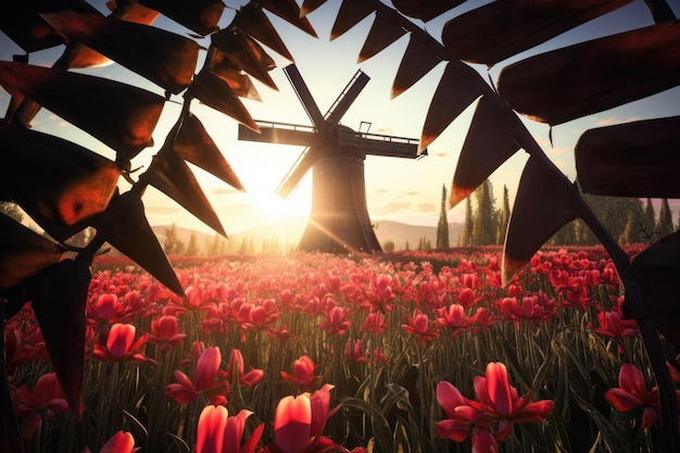 Foto lâminas de moinho de vento lançando sombras em um campo de tulipas criado com ia generativa