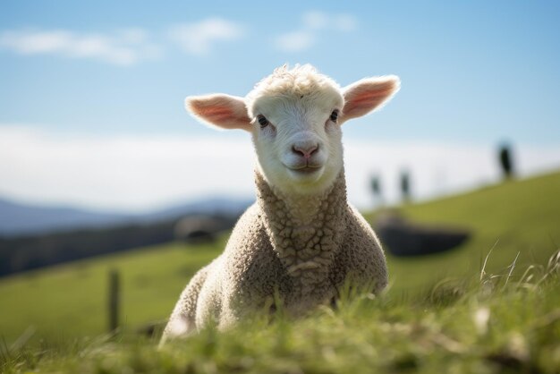 Lamm weidet auf grüner Rasenwiese Generative KI