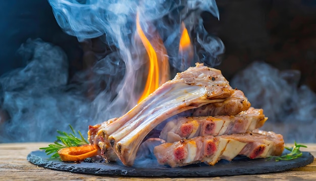 Lammfleisch mit Rauch und Flammen Nahaufnahme Barbecue-Konzept Fleisch frisches rohes Schnitt Generierte KI