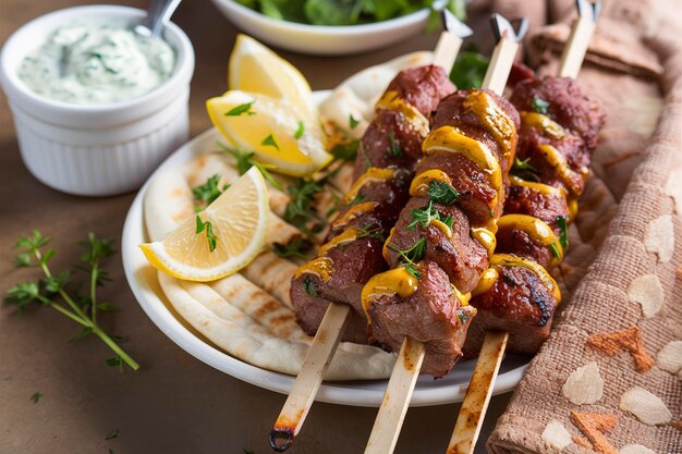 Foto lammkebabs mit plattenbrot, zitrone und tzatziki-sauce