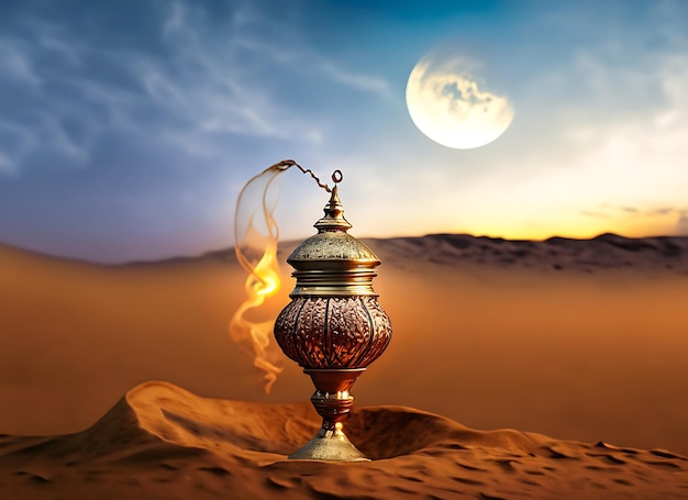 Lâmpada árabe Sining no deserto com lindo céu