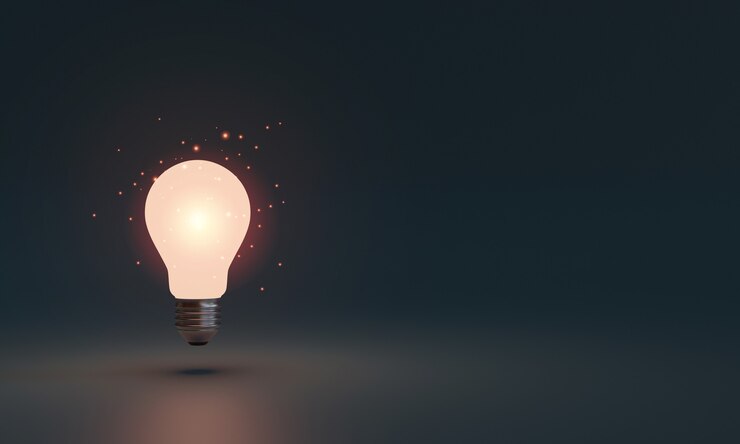 Foto lâmpada brilhando na área escura com espaço de cópia para pensamento criativo e resolução de conceito de solução pela técnica de renderização em 3d.