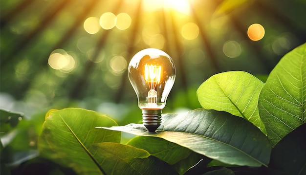 lâmpada brilhante contra a natureza em folha verde com fontes de energia