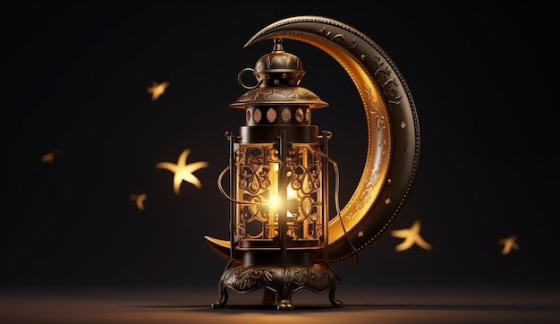 lâmpada brilhante e lua em um fundo escuro para o feriado do Ramadan