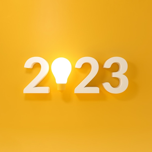 Lâmpada com ano novo 2023 em fundo amarelo