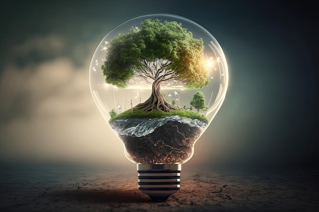 Lâmpada com árvore verde dentro com ícone de recursos energéticos Eletricidade e conceito de economia de energia