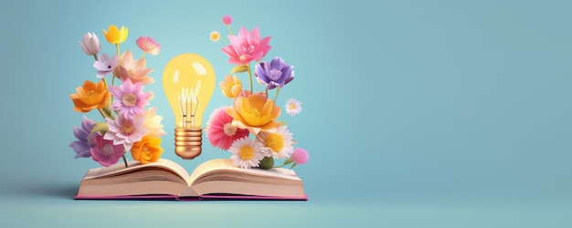 Lâmpada com flores em livro aberto Ficando inteligente e inteligente com a leitura de livro criado com Ai
