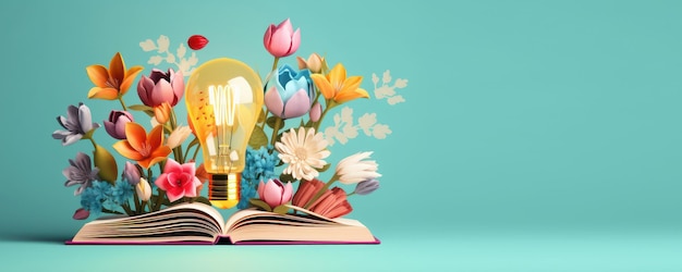 Lâmpada com flores em livro aberto Ficando inteligente e inteligente com a leitura de livro criado com Ai