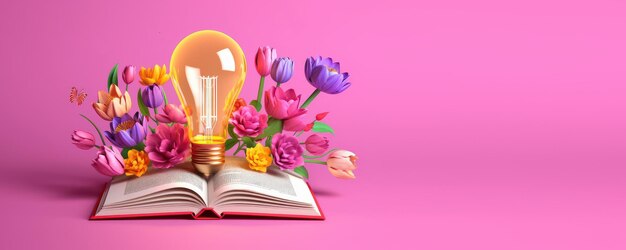 Lâmpada com flores em livro aberto Ficando inteligente e inteligente com a leitura de livro criado com Ai