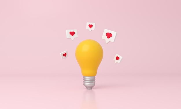 Lâmpada com ícones de coração ao redor na renderização 3d de fundo rosa