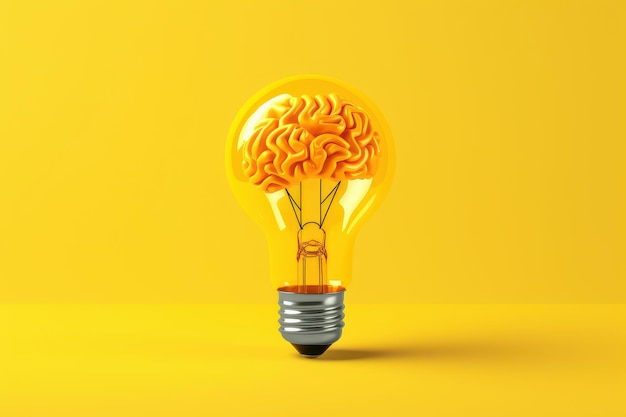 Foto lâmpada como ideias criativas de fundo amarelo em forma de cérebro e conceito de brainstorming generative ai