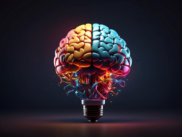 Foto lâmpada criativa com um cérebro escuro e colorido em um fundo escuro design de ilustração 3d
