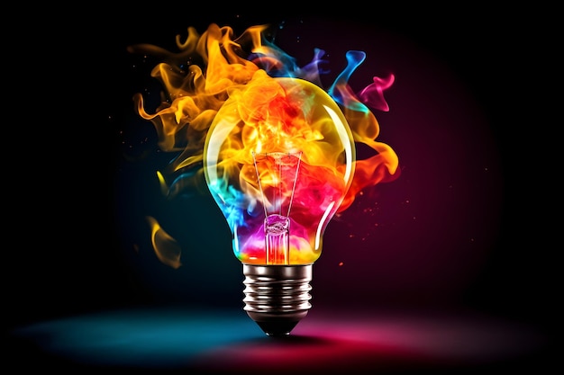 Lâmpada criativa explode com tintas e cores coloridas, nova ideia, conceito de brainstorming