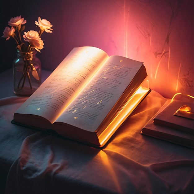 Lâmpada de amor brilhante com livro aberto Romântico e quente Nuance confortável em uma sala de leitura