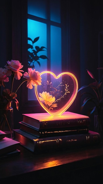 Lâmpada de amor brilhante com livro aberto Romântico e quente Nuance confortável em uma sala de leitura