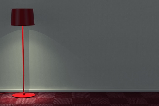 Lâmpada de assoalho moderna vermelha na sala com closeup extrema de piso de tapete vermelho e parede branca. Renderização 3D