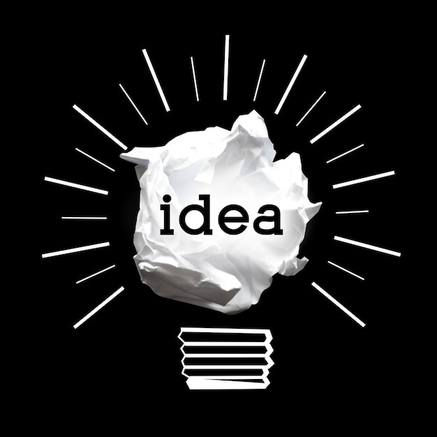Lâmpada de bola de papel no conceito de criatividade de ideia de fundo preto