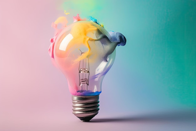 Lâmpada de bulbo colorido Lâmpada com tinta colorida e salpicos isolados em um fundo colorido Cores da vida Generative AI