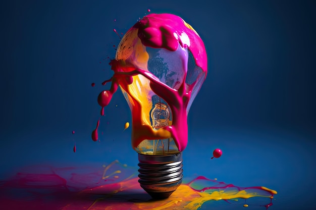 Foto lâmpada de bulbo colorido lâmpada com tinta colorida e salpicos isolados em um fundo escuro cores da vida generative ai
