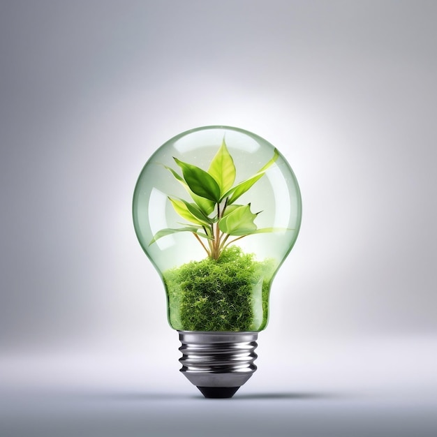 Lâmpada de conceito de energia verde com IA geradora de plantas verdes