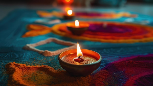 Lâmpada de diya tradicional acesa em rangoli colorido